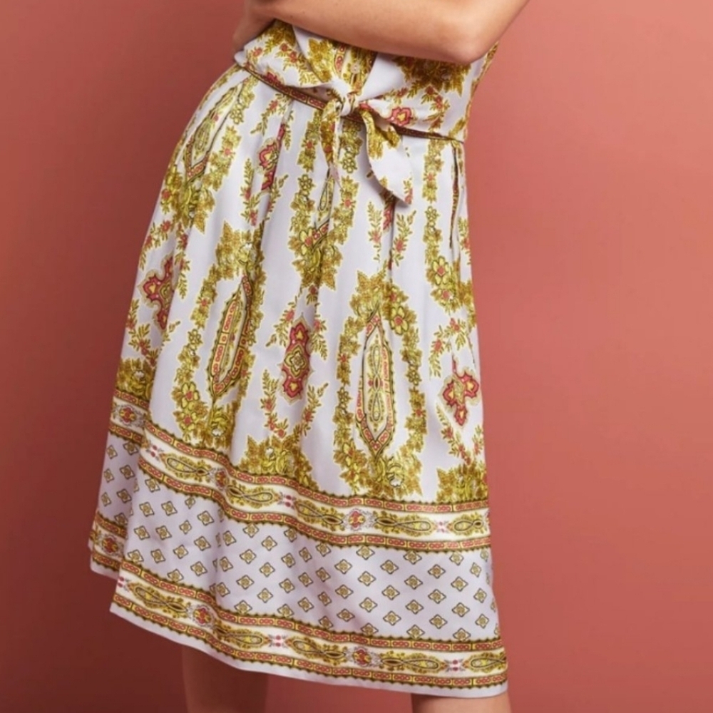 Anthropologie White Skirt with Gold & Pink Paisley Print